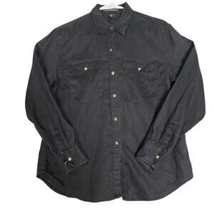 lauren ralph lauren women black 100% linen button front shirt size m gold button